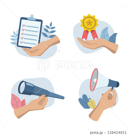 Set of Character hands holding business objects, document, check mark, star award, binoculars, vision, megaphone, Illustration ideas for web pages, ads, Vector design. 138424851