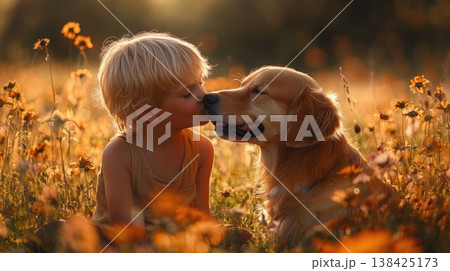 Young child and golden retriever sharing a tender moment in a sunlit flower field Young child and golden retriever sharing a tender moment in a sunlit flower field 138425173