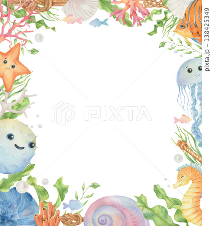 Cute Watercolor frame with cartoon underwater animals and sea elements Cute Watercolor frame with cartoon underwater animals and sea elements 138425349