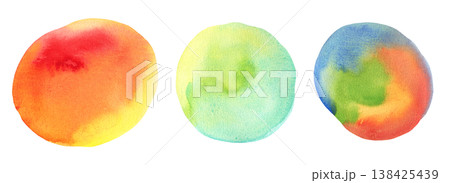 Abstract watercolor hand painting turquoise blue, red and yellow round shape textured blobs set. Creative watercolor brush stroke rainbow colors stains for banner design, cloud background Abstract watercolor hand painting turquoise blue, red and yellow round shape textured blobs set. Creative watercolor brush stroke rainbow colors stains for banner design, cloud background 138425439