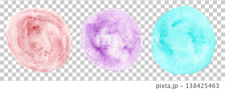 Abstract watercolor hand painting turquoise blue, potters pink and violet round shape textured blobs set. Creative watercolor brush stroke organic circles for banner design, cloud frame background 138425463