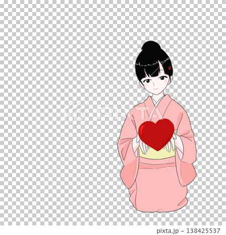 A woman in a kimono offers a heart (expression of gratitude and affection). A woman in a kimono offers a heart (expression of gratitude and affection). 138425537