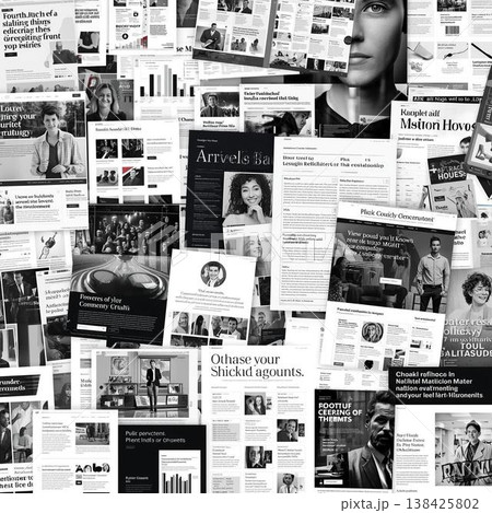 重なり合う雑誌と新聞記事のコラージュ　メディア・広報のイメージ 138425802