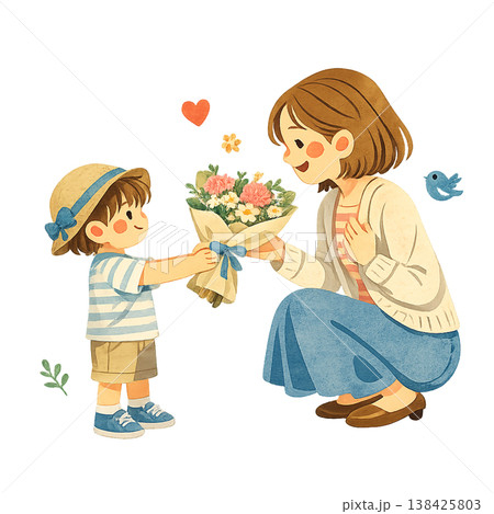 母の日 花束を渡す男の子 イラスト 母の日 花束を渡す男の子 イラスト 138425803