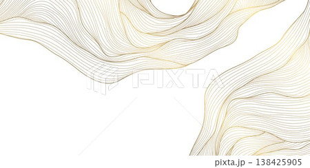 Luxury abstract gold wave line pattern on white background, elegant curves, flowing shapes. Premium vector design, Japanese ornament, cosmetic packaging, posters, wallpapers, covers. Luxury abstract gold wave line pattern on white background, elegant curves, flowing shapes. Premium vector design, Japanese ornament, cosmetic packaging, posters, wallpapers, covers. 138425905