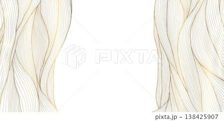 Luxury abstract gold wave line pattern on white background, elegant curves, flowing shapes. Premium vector design, Japanese ornament, cosmetic packaging, posters, wallpapers, covers. Luxury abstract gold wave line pattern on white background, elegant curves, flowing shapes. Premium vector design, Japanese ornament, cosmetic packaging, posters, wallpapers, covers. 138425907