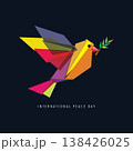 Abstract colorful peace dove with olive branch geometric shapes overlap and transparency on dark square background 138426025