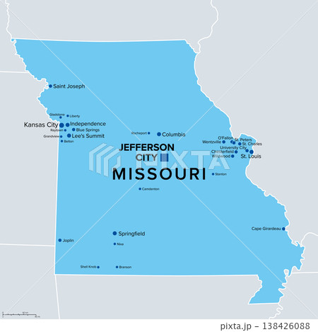 State of Missouri, political map. State in the Midwestern region of the United States, with capital Jefferson City. Nicknamed Show Me State, Cave State, and Mother of the West. Illustration. Vector 138426088