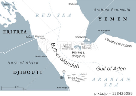 Strait of Bab-el-Mandeb, gray political map. Translated to Gate of Tears, a major global choke point between Yemen and Djibouti as well as Eritrea, connecting the Red Sea and the Gulf of Aden. Vector 138426089