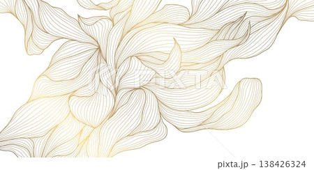 Luxury abstract gold floral line pattern on white background, elegant leaves, flowers, flowing abstract waves. Modern vector illustration, Japanese ornament, Art Deco and Art Nouveau 138426324