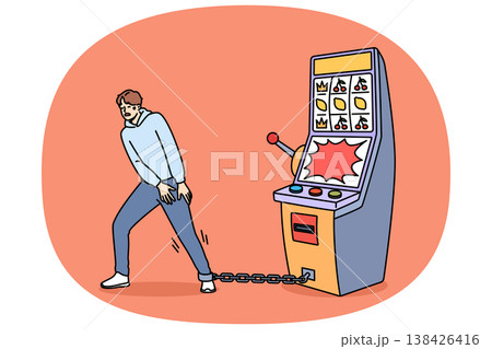 Gambling addiction of man tied with chain to slot machine made guy hostage to casino 138426416