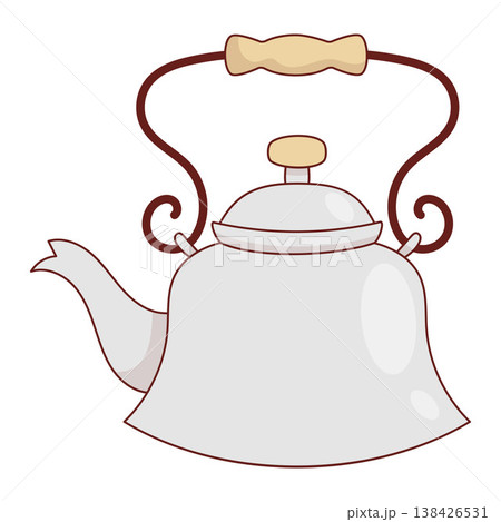 Vintage Enamel Teapot with Curved Iron Handle. Retro Metal bell shaped Kettle for Farmhouse Kitchen Decor. Artisan old-fashioned Ironware enamelware. Vector Illustration. 138426531