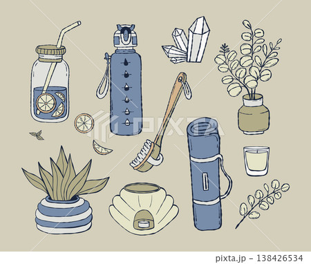 Yoga and Wellness Lifestyle Set. Rolled Yoga Mat, Water Bottle, Mason Jar with Lemon Drink, Crystal, Eucalyptus in Vase, Flowerpot and Dry Body Brush. Home Spa Meditation. Isolated Vector Hand Drawn 138426534
