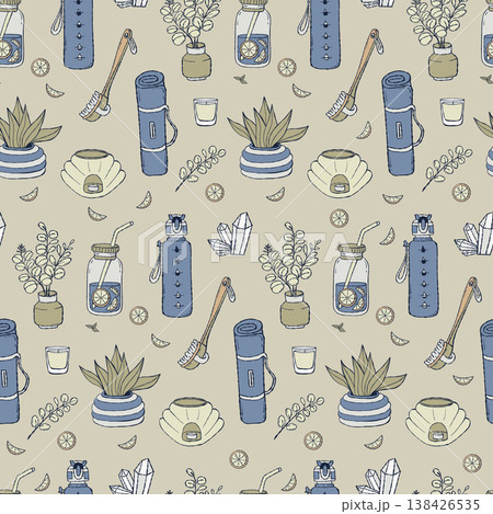Seamless Pattern with Yoga Mat, Water Bottle, Mason Jar, Crystal, Aroma lamp, Eucalyptus, Flowerpot, and Dry Body Brush. Home Spa, Meditation Decor on Beige Background. Vector Illustration Hand Drawn. Seamless Pattern with Yoga Mat, Water Bottle, Mason Jar, Crystal, Aroma lamp, Eucalyptus, Flowerpot, and Dry Body Brush. Home Spa, Meditation Decor on Beige Background. Vector Illustration Hand Drawn. 138426535