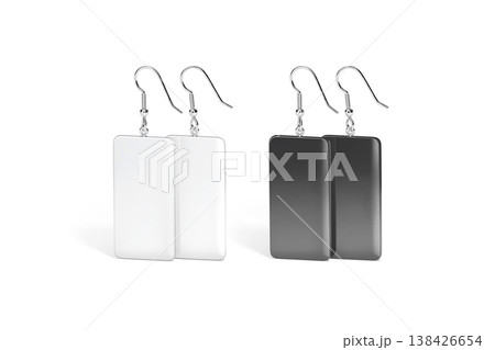 Blank black and white pair rectangle earring mockup stand png, transparent background 3d rendering. Empty jewels earrings for lady mock up cut out. Clear retro spike ear decoration for woman template. 138426654