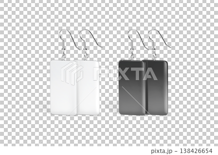 Blank black and white pair rectangle earring mockup stand png, transparent background 3d rendering. Empty jewels earrings for lady mock up cut out. Clear retro spike ear decoration for woman template. 138426654