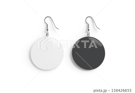 Blank black and white single round earring mockup png, transparent background, 3d rendering. Empty female circle hoops bijou for ears mock up cut out. Clear elegance boho decoration eardrop template. 138426655