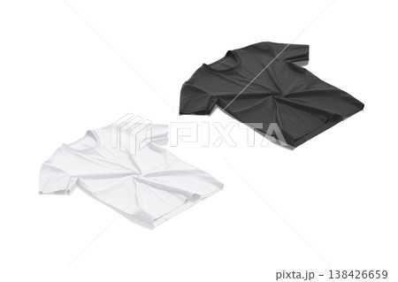 Blank black and white crumpled t-shirt mockup flat lay png, transparent background, 3d rendering. Empty new undershirt mock up cut out Clear casual cotton tee-shirt for male or female outfit template. 138426659
