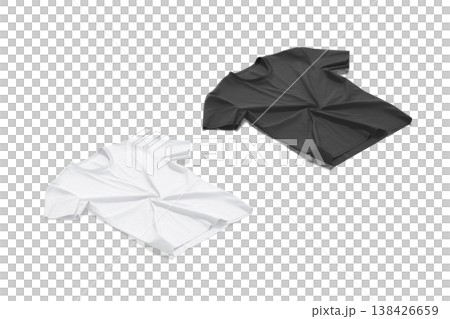 Blank black and white crumpled t-shirt mockup flat lay png, transparent background, 3d rendering. Empty new undershirt mock up cut out Clear casual cotton tee-shirt for male or female outfit template. 138426659