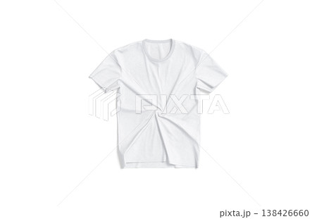 Blank white crumpled t-shirt mockup png flat lay, transparent background, 3d rendering. Empty wrinkled casual clothe undershirt mock up cut out. Clear classic tee-shirt for sport or uniform template. 138426660