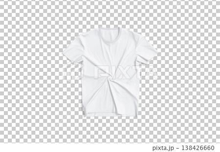 Blank white crumpled t-shirt mockup png flat lay, transparent background, 3d rendering. Empty wrinkled casual clothe undershirt mock up cut out. Clear classic tee-shirt for sport or uniform template. 138426660
