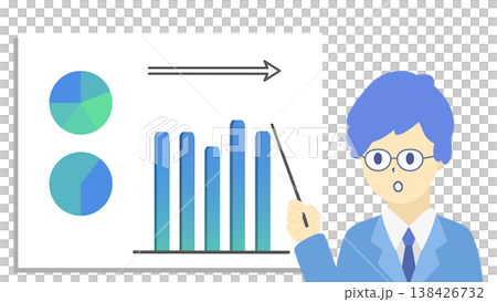 A set of illustrations (in cool colors) featuring a man wearing glasses and a graph analyzing and explaining stagnant sales data in business. A set of illustrations (in cool colors) featuring a man wearing glasses and a graph analyzing and explaining stagnant sales data in business. 138426732