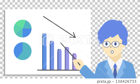 A set of illustrations featuring a man wearing glasses and graphs analyzing and explaining sales declines in business data. A set of illustrations featuring a man wearing glasses and graphs analyzing and explaining sales declines in business data. 138426733
