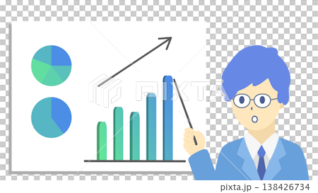 一組插圖(採用冷色調),描繪了一位戴眼鏡的男士和一張分析和解釋商業數據中銷售增長的圖表。 一組插圖(採用冷色調),描繪了一位戴眼鏡的男士和一張分析和解釋商業數據中銷售增長的圖表。 138426734