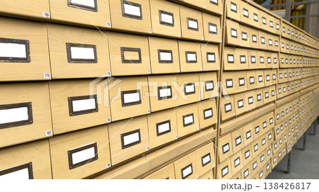 wooden archive drawer with filed documents and labeled records. Organised storage system for wooden archive drawer with filed documents and labeled records. Organised storage system for 138426817