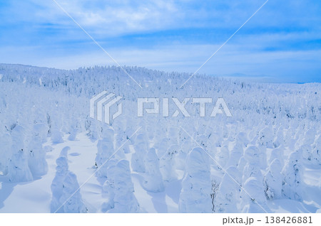 【快晴】蔵王のスノーモンスター、紺碧の空に映える純白の樹氷と冬の絶景 138426881