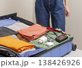 Travel gadgets and cables rest beside folded clothes during packing. Female hands place camera 138426926