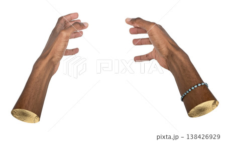 Two outstretched hands reach forward in a large open grabbing gesture. African American male arms 138426929