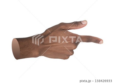 Close-up of a male hand with index finger pointing forward in a clear indicating gesture. The hand 138426933