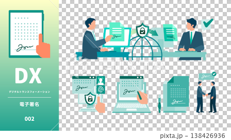 A set of illustrations of a male businessman using electronic signatures and online contracts, depicting digital transformation (DX) contracts on a tablet or PC. 138426936