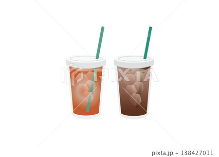 プラスチックカップに入ったアイスコーヒーとアイスティーのシンプルなイラスト プラスチックカップに入ったアイスコーヒーとアイスティーのシンプルなイラスト 138427011