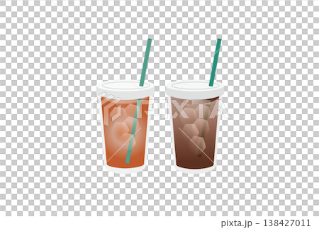 プラスチックカップに入ったアイスコーヒーとアイスティーのシンプルなイラスト プラスチックカップに入ったアイスコーヒーとアイスティーのシンプルなイラスト 138427011