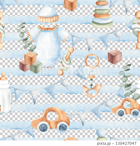 Hand painted watercolor seamless pattern featuring baby clothes, toys, bottles, and playful elements on soft blue stripes. Ideal for nursery decor, baby shower designs, and childrens textile products. Hand painted watercolor seamless pattern featuring baby clothes, toys, bottles, and playful elements on soft blue stripes. Ideal for nursery decor, baby shower designs, and childrens textile products. 138427047