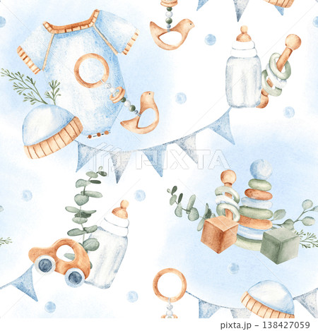 Baby boy watercolor seamless pattern with blue onesie or bodysuit, eucalyptus and wooden toys, decorated with blue bunting garlands. Perfect for baby shower designs, nursery decor, and newborn-related 138427059