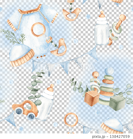 Baby boy watercolor seamless pattern with blue onesie or bodysuit, eucalyptus and wooden toys, decorated with blue bunting garlands. Perfect for baby shower designs, nursery decor, and newborn-related 138427059