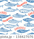 Blue sardine fish and text seamless pattern. Vector hand drawn Mediterranean seafood wallpaper, print, background 138427076