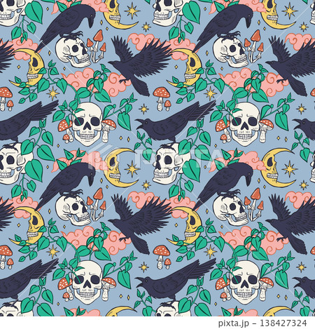 Seamless pattern with hand drawn inky ravens or crows sitting on human skulls Seamless pattern with hand drawn inky ravens or crows sitting on human skulls 138427324