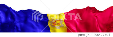 Stylized flag of Andorra, waving in the wind, on transparent background. Footer, header or divider. Cut out wide, panoramic element. Banner for patriotic themes or national event promotions. 3D. 138427501