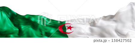 Stylized flag of Algeria, waving in the wind, on transparent background. Footer, header or divider. Cut out wide, panoramic element. Banner for patriotic themes or national event promotions. 3D. Stylized flag of Algeria, waving in the wind, on transparent background. Footer, header or divider. Cut out wide, panoramic element. Banner for patriotic themes or national event promotions. 3D. 138427502