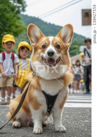 通学中の子どもたちと一緒にいるコーギーの見守りシーン 138427559