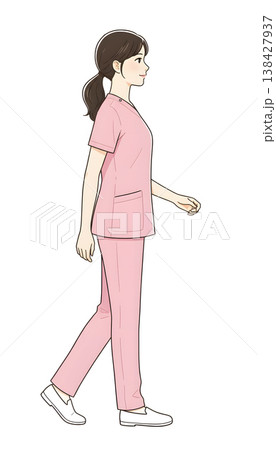 横向きに歩くピンクスクラブの看護師・全身イラスト（シンプル手描き風） 138427937