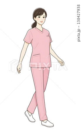 前向きに歩くピンクスクラブの看護師・真剣な表情・全身イラスト（シンプル手描き風） 138427938