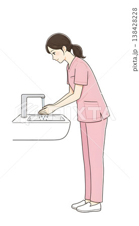 手を洗う看護師・衛生管理シーンのイラスト（シンプル手描き風） 138428228