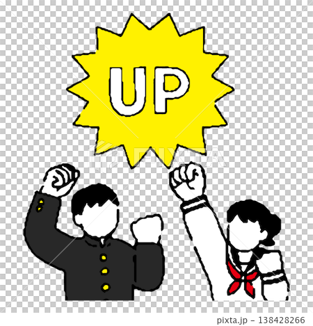 一男一女身穿校服，升級時擺出勝利姿勢。 138428266