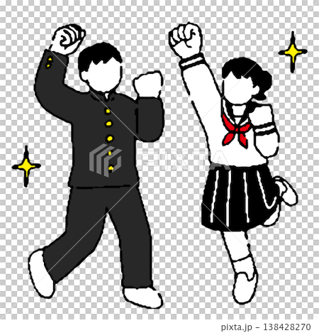 ガッツポーズする学生服姿の男女 ガッツポーズする学生服姿の男女 138428270