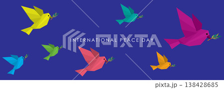 International Peace Day banner have flock of colorful polygon peace doves with olive branch flying on blue background International Peace Day banner have flock of colorful polygon peace doves with olive branch flying on blue background 138428685